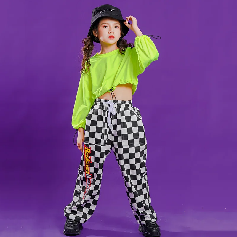 

Girls Street Dance Crop Top Plaid Pant Hip Hop Kids Flare Sleeve Sweatshirt Clothing Sets Child Stage Jazz Outfits Teens Costume