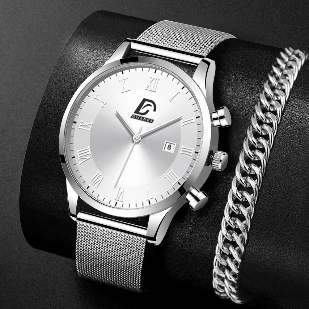 

Часы наручные мужские кварцевые из нержавеющей стали, модные деловые повседневные светящиеся с серебристым браслетом
