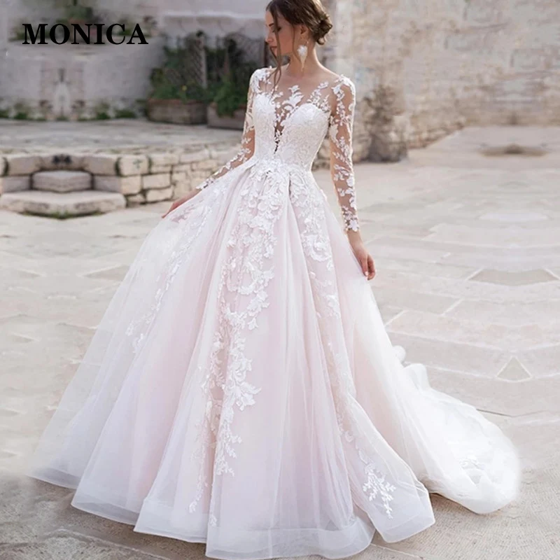 Luxury Pink Long Sleeves Wedding Dress Ball Gown Lace Appliques O-Neck Button Royal Train Bride Gowns Vestido De Novia Princess
Luxury Pink Long Sleeves Wedding Dress Ball Gown Lace Appliques O-Neck Button Royal Train Bride Gowns Vestido De Novia Princess