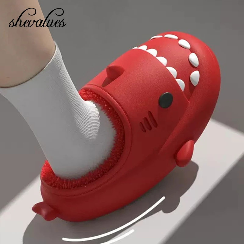 

Shevalues Plush Shark Slippers For Women Men Winter Warm Cartoon Cotton Slippers Couple Non-Slip Waterproof Outdoor Home Shoes