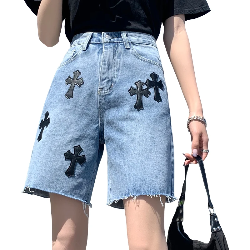 New Summer Five Point Pants Men Women Streetwear Hip-hop Vintage Harajuku Cross Embroidery Denim Shorts Loose High Waist Pants
New Summer Five Point Pants Men Women Streetwear Hip-hop Vintage Harajuku Cross Embroidery Denim Shorts Loose High Waist Pants