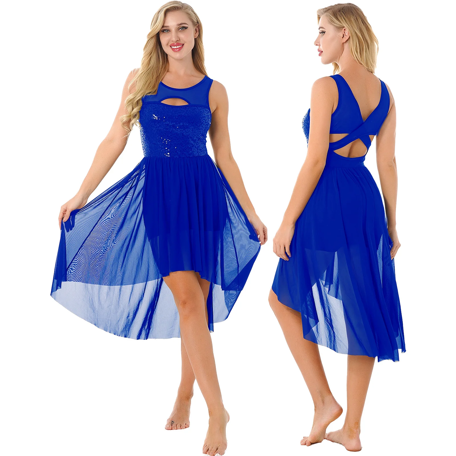 

Women Sheer Mesh Sparkling Sequined Dance Dress Crisscross Back Cutout Asymmetrical Hem Leotard Dance Dresses
