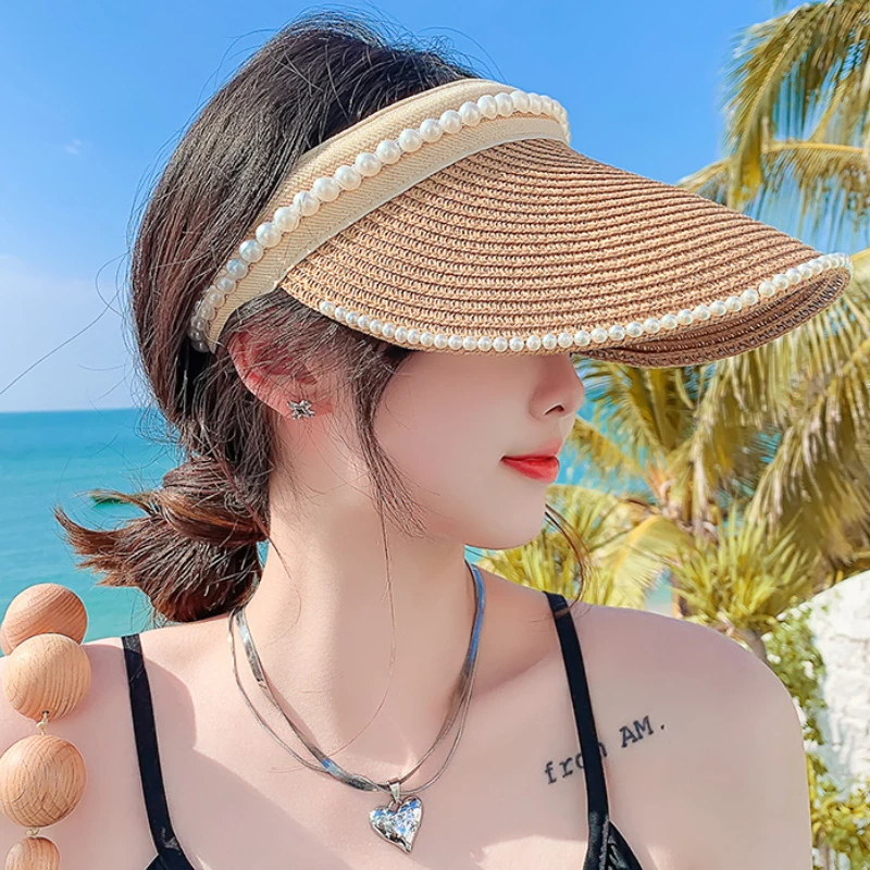 Women Empty Top Hat Summer Pearl Chain Straw Hat Wide Brim Visor Hats UV Protection Visors Fashion Ladies Beach Outing Cap
Women Empty Top Hat Summer Pearl Chain Straw Hat Wide Brim Visor Hats UV Protection Visors Fashion Ladies Beach Outing Cap