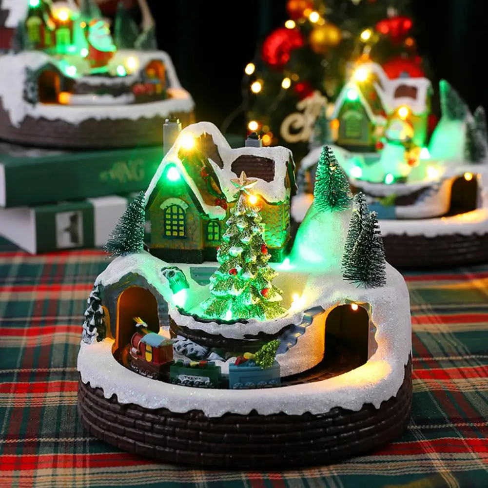 

Декоративная Рождественская елка с маленьким поездом, цветные огни, музыкальный вращающийся поезд, орнамент из смолы, Праздничный Рождественский подарок для дома