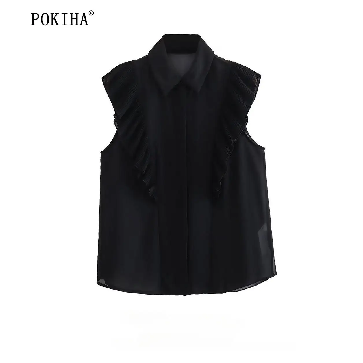 Pokiha 2023 New Fashion Women Black With Ruffled Sleeveless Front Button Blouses Elegant Chic Female Shirts Blusas Chic Tops
Pokiha 2023 New Fashion Women Black With Ruffled Sleeveless Front Button Blouses Elegant Chic Female Shirts Blusas Chic Tops
