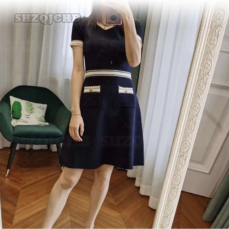 2022 Summer Ladies Elegant Vintage Patchwork Sweaters Knitted Dress Runway Women Short Sleeve Party flexible Knit Dress Vestidos
2022 Summer Ladies Elegant Vintage Patchwork Sweaters Knitted Dress Runway Women Short Sleeve Party flexible Knit Dress Vestidos