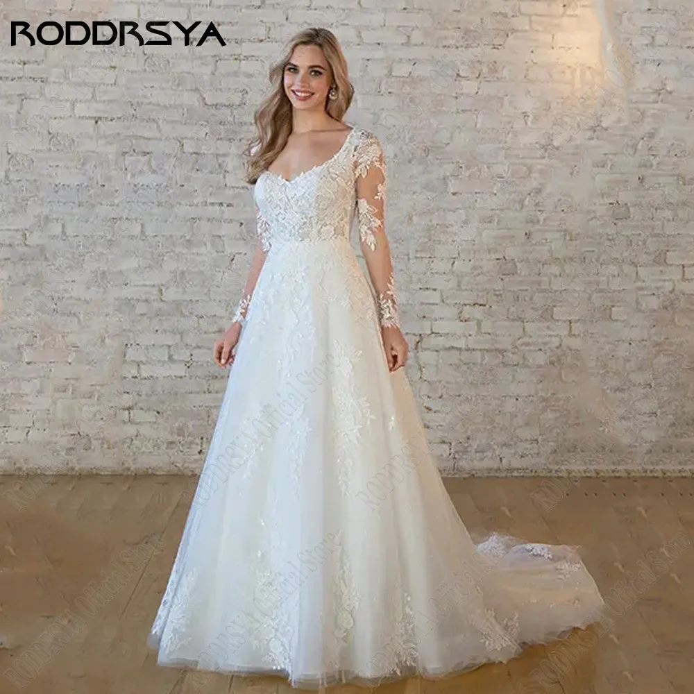 

RODDRSYA Элегантное свадебное платье с длинными руЭлегантное свадебное платье RODDRSYA с длинными рукавами и V-образным вырезом, платья невесты с открытой спиной, кружевное платье-трапеция с аппликацией, женское платье
