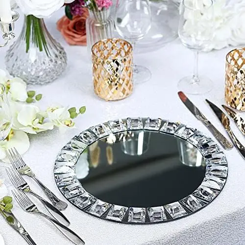 Set of 2 | 13" Round Silver Mirror Glass Charger Plates with Diamond Beaded Rim For Catering Events, Wedding Party Restauran Woo
Set of 2 | 13" Round Silver Mirror Glass Charger Plates with Diamond Beaded Rim For Catering Events, Wedding Party Restauran Woo