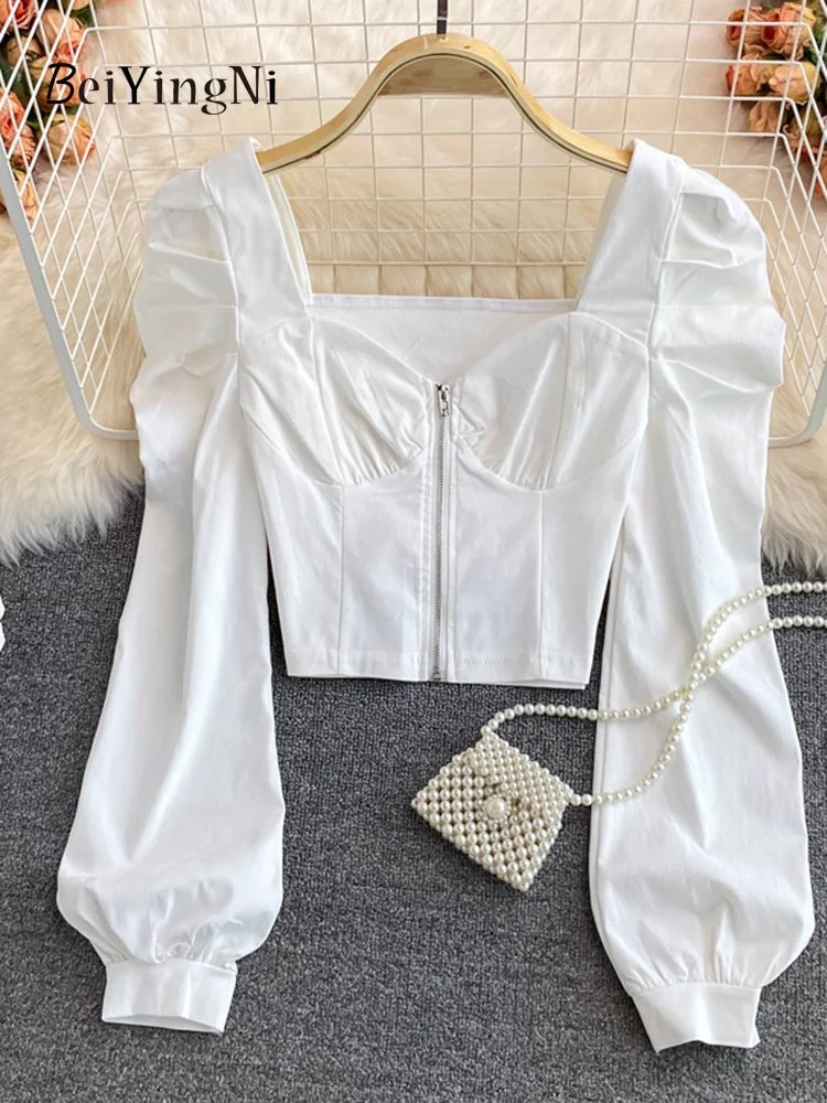 

Sexy Zipper Crop Top Female Ruched Caual Vintage Long leeve Blua Women Korean Elegant Camia Club hort hirt