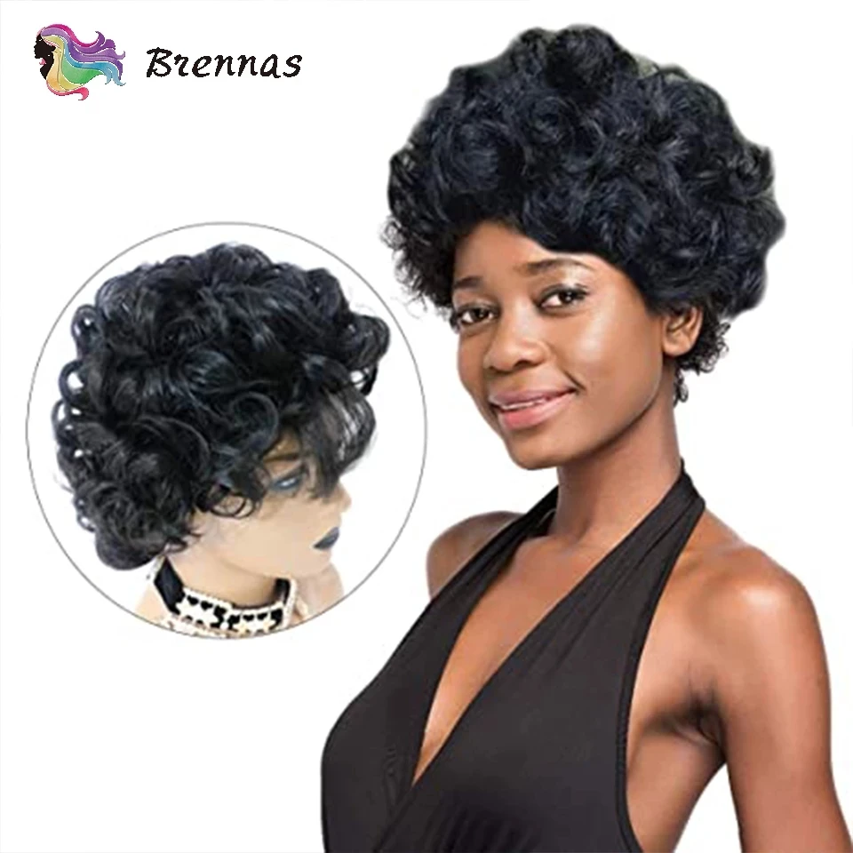 

Human Hair Wigs With Bang Curly Short Bob Pixie Cut Glueless Machine Made For Black Women 100% Remy Brazilian Hair no lace wig