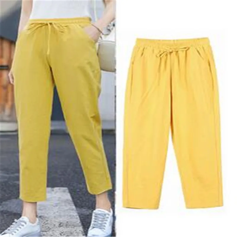 

Womens Spring Summer Pants Cotton Linen Solid Elastic waist Candy Colors Harem Trousers Soft high quality for Female ladys S-XXL