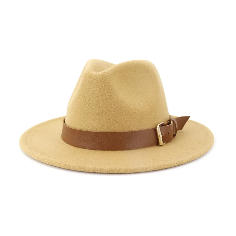 Men and Women Khaki leather belt decoration Felt Hats Imitation Woolen Ladies Fedoras winter autumn Jazz Hat Chapeau Wholesale
Men and Women Khaki leather belt decoration Felt Hats Imitation Woolen Ladies Fedoras winter autumn Jazz Hat Chapeau Wholesale