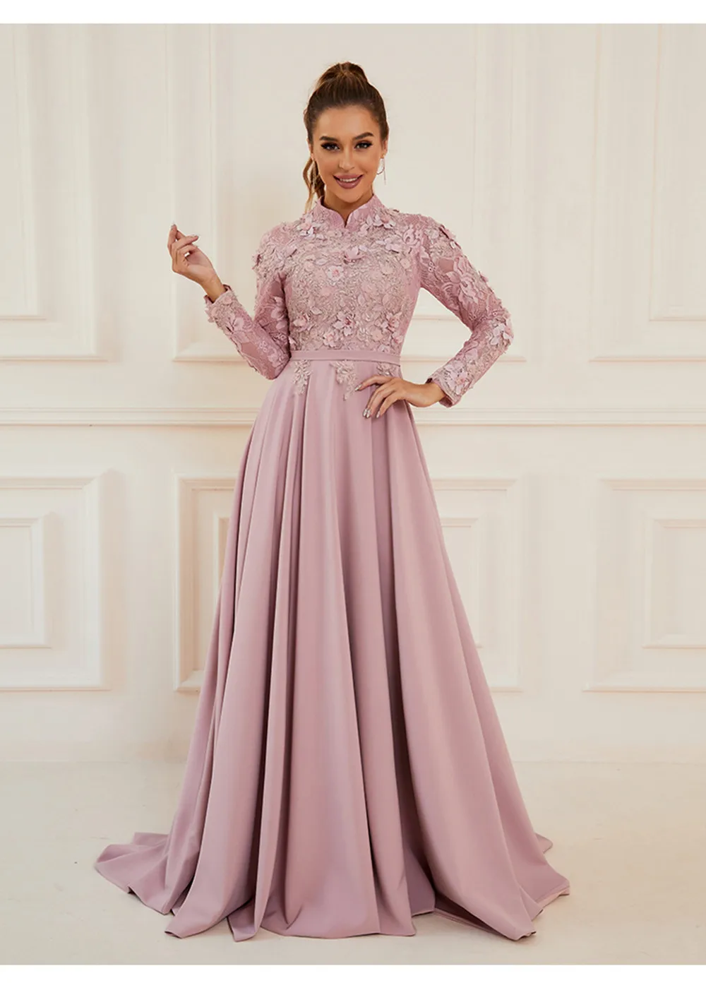 Long Sleeve Muslim Formal Dresses Pink Vintage High Neck Luxury Lace Appliques Spandex Satin Evening Dresses With Train 
Long Sleeve Muslim Formal Dresses Pink Vintage High Neck Luxury Lace Appliques Spandex Satin Evening Dresses With Train