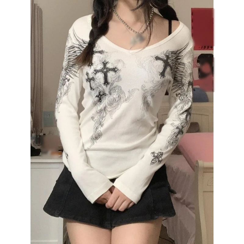 Женский укороченный топ с винтажным принтом, футболка с длинным рукавом Y2k, облегающая блузка, топы
Женский укороченный топ с винтажным принтом, футболка с длинным рукавом Y2k, облегающая блузка, топы