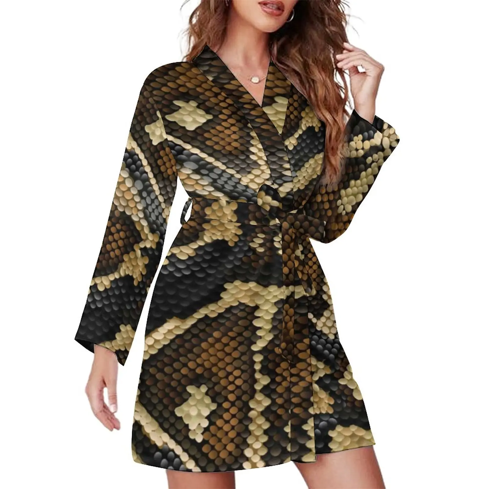 Brown Beige Snakeskin Design Pajama Robe V Neck Black Ball Phyton Scarf Trendy Dress Women Long Sleeve Bedroom Sleepwear
Brown Beige Snakeskin Design Pajama Robe V Neck Black Ball Phyton Scarf Trendy Dress Women Long Sleeve Bedroom Sleepwear