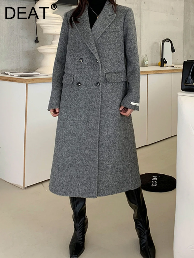 

Женское шерстяное пальто с отложным воротником DEAT, свободное двубортное однотонное пальто с длинным рукавом, осень 2023