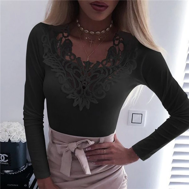 Newest Hot Women's Blouse Sexy White Lace Patchwork V Neck Long Sleeve Shirt Ladies Casual Slim Blouse Blusa De Mujer 
Newest Hot Women's Blouse Sexy White Lace Patchwork V Neck Long Sleeve Shirt Ladies Casual Slim Blouse Blusa De Mujer