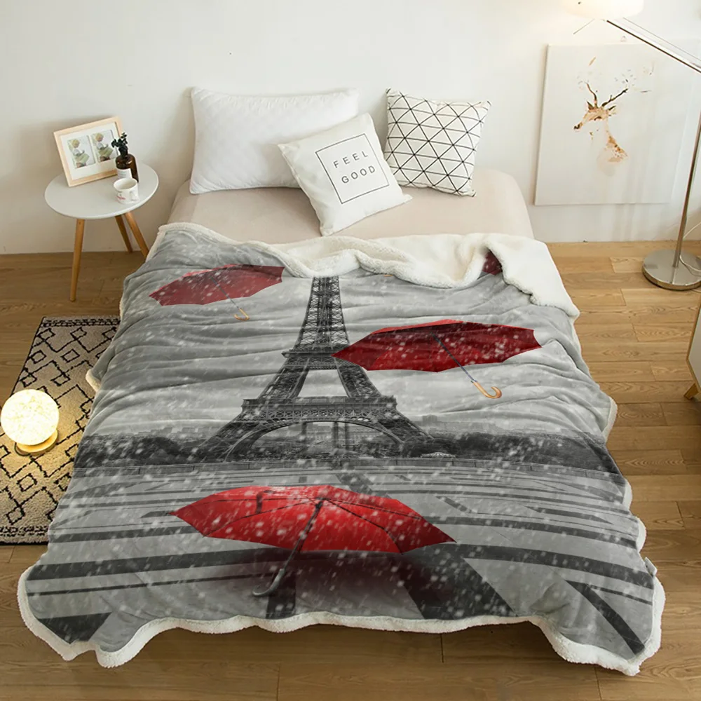

Paris Eiffel Tower Red Umbrella Plush Throw Blanket Sherpa Fleece Bedspread Blankets Sofa Cover Bedding Picnic Wool Soft Blanket