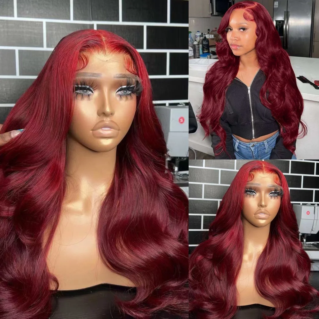 

Burgundy 13x4 Transparent Lace Frontal Human Hair Wigs Body Wave Lace Front Wig For Black Women Pre Plucked Hairline Remy Brazil