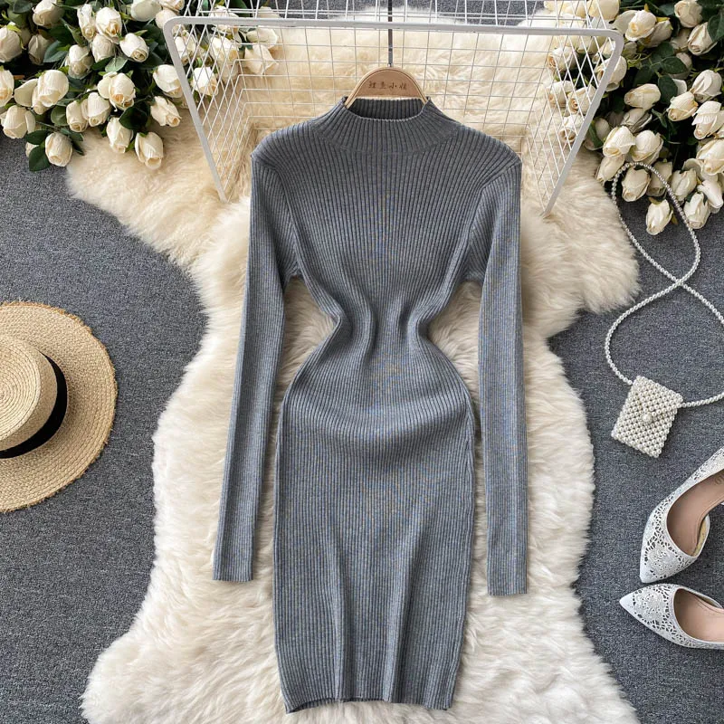 2022 Autumn Winter Women Clothing Mock Neck Long Sleeve Ribbed Knit Sweater Dress Night Club Sexy Mini Knitted Dress
2022 Autumn Winter Women Clothing Mock Neck Long Sleeve Ribbed Knit Sweater Dress Night Club Sexy Mini Knitted Dress