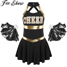 Kids Girls Cheerleading Costumes Uniform Sleeveless Letters Printed Patchwork Dance Dress with Pompoms for Stage Performance
