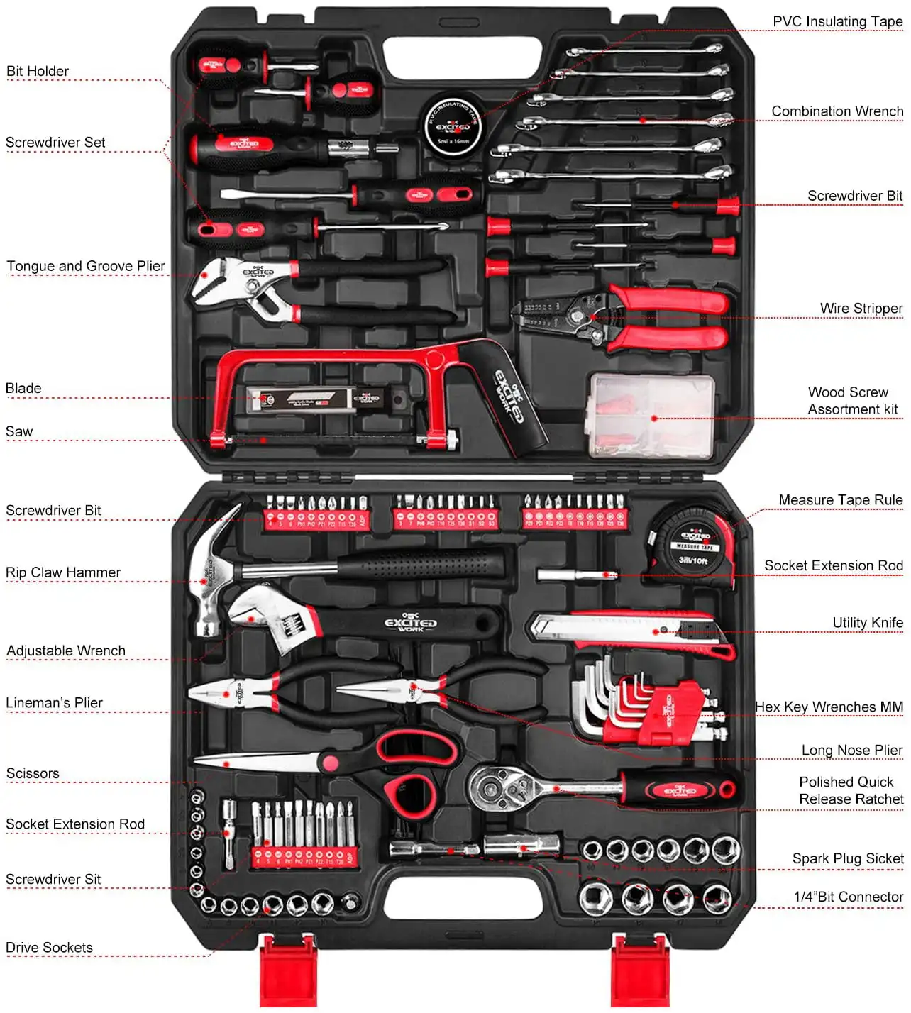 

198-Piece Household Tool Set, General Home/Auto Repair Hand Tool Kit with Hammer, Pliers, Wrenches, Sockets and Toolbox Storage