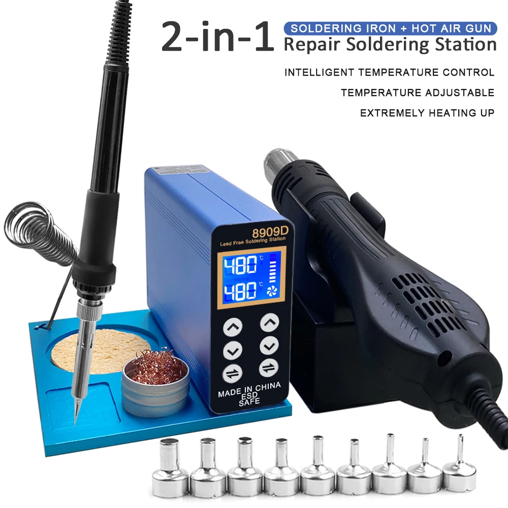 8909D 2 in 1 soldering station Hot Air Gun Electric Soldering Iron BGA Repair Tool 9 Nozzles SMD BGA Rework Welding Station 
8909D 2 in 1 soldering station Hot Air Gun Electric Soldering Iron BGA Repair Tool 9 Nozzles SMD BGA Rework Welding Station