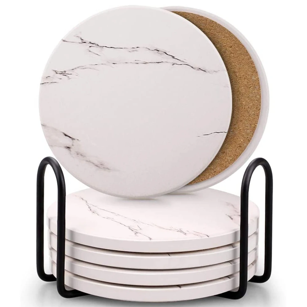 Coasters for Drinks, Ceramic Stone Coaster Set with Metal Holder Stand, Cork Base, Marble Surface Pattern Set of 6 White
Coasters for Drinks, Ceramic Stone Coaster Set with Metal Holder Stand, Cork Base, Marble Surface Pattern Set of 6 White