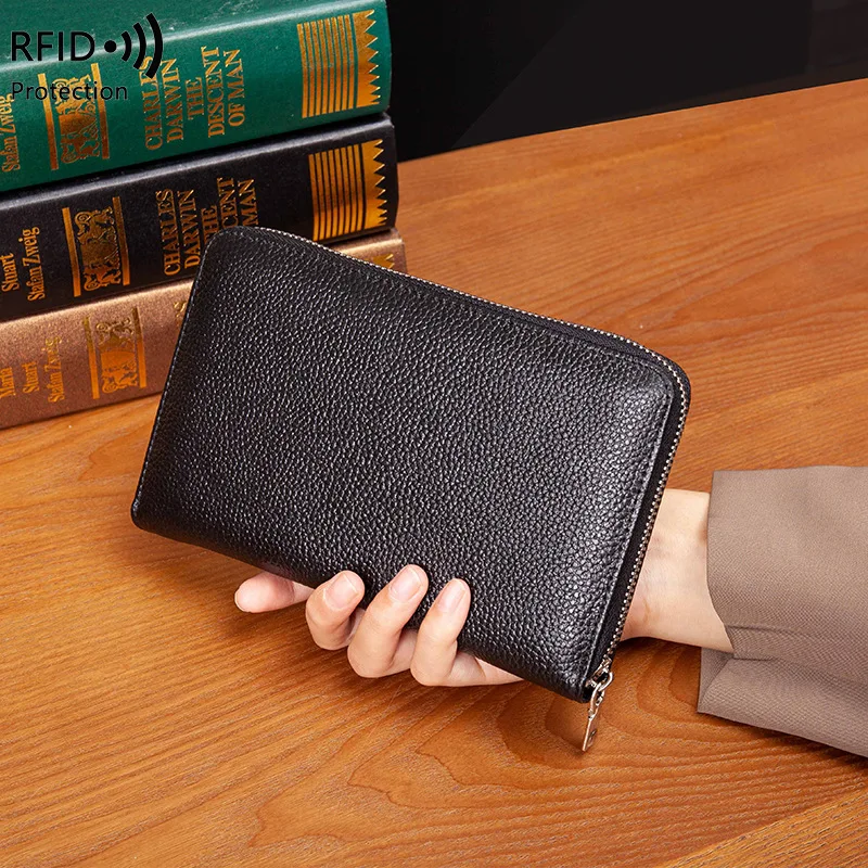 

Top Layer Cowhide RFID Passport Bag Zipper Long Passbook Wallet Multi-functional Certificate Bag Large Capacity Handheld Purse
