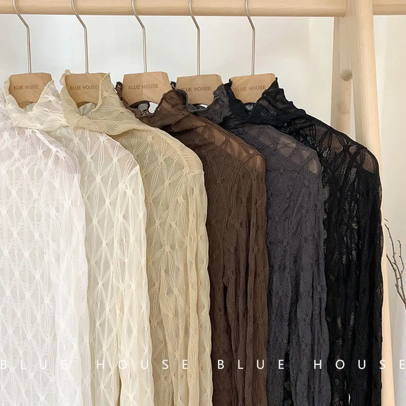 Womens Blouses Ladies Pleated Textured Long-sleeved Lace Bottoming Shirt Office Knit Soft Stretch Mesh Tshirts Inner Tops White
Womens Blouses Ladies Pleated Textured Long-sleeved Lace Bottoming Shirt Office Knit Soft Stretch Mesh Tshirts Inner Tops White