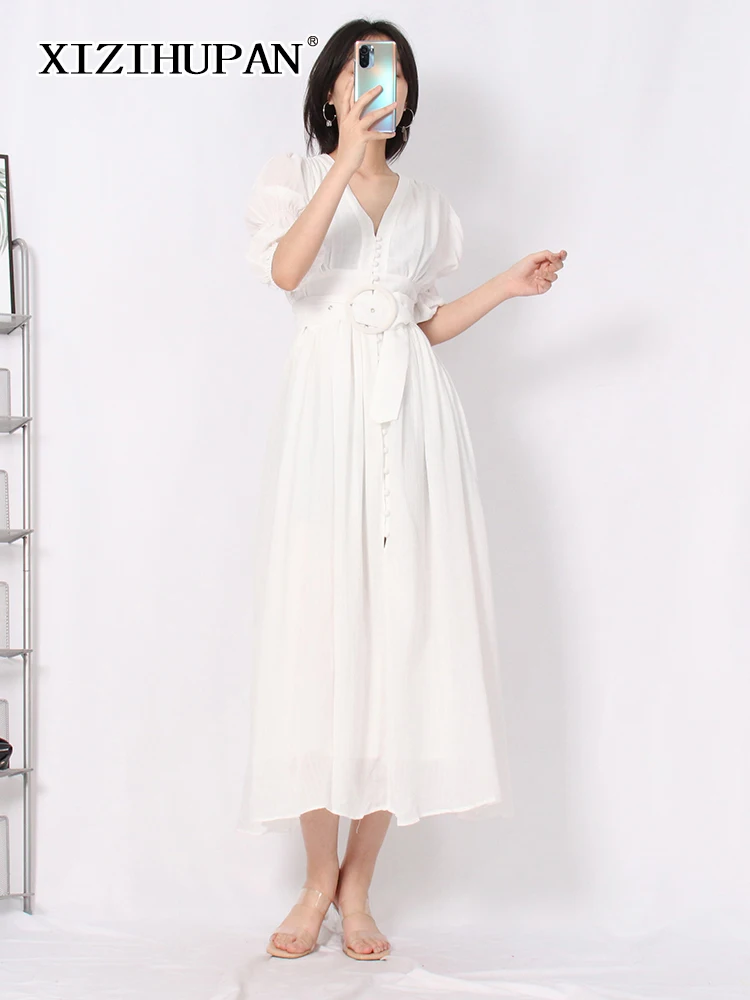 XIZIHUPAN Casual White Long Dress For Women V Neck Puff Sleeve High Waist Patchwork Ruched Minimalist Dresses Female Clothes New
XIZIHUPAN Casual White Long Dress For Women V Neck Puff Sleeve High Waist Patchwork Ruched Minimalist Dresses Female Clothes New