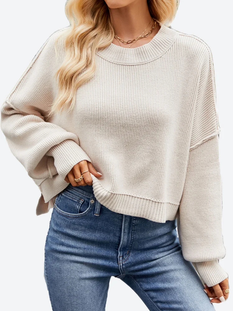 

Benuynffy Women's Crewneck Batwing Long Sleeve Striped Crop Sweater 2023 Fall Winter Oversized Ribbed Knit Side Slit Pullover