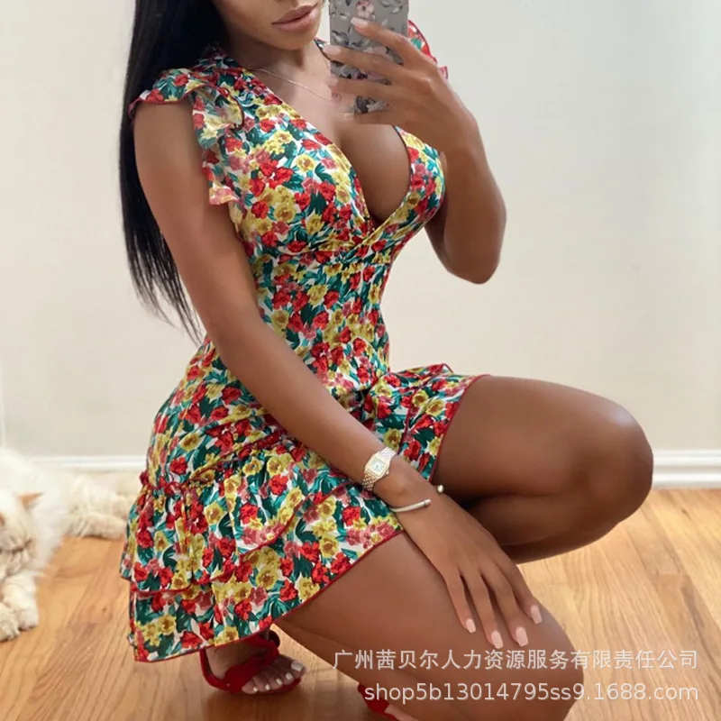 Floral Print Ruffles Trim Flutter Sleeve Casual Dress Women Sleeveless V Neck Mini Dress Summer Party High Waist
Floral Print Ruffles Trim Flutter Sleeve Casual Dress Women Sleeveless V Neck Mini Dress Summer Party High Waist
