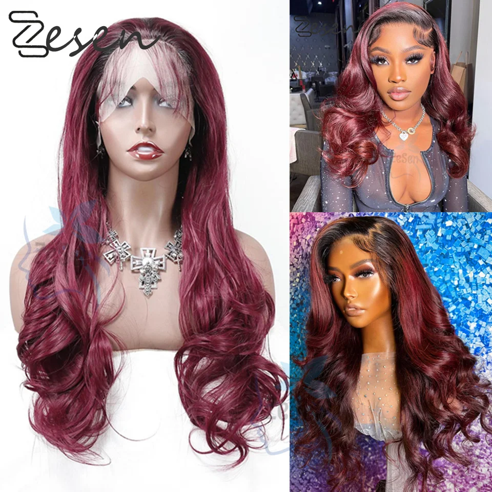 

Synthetic Ombre Burgundy 99J 26''Long Body Wave Lace Front Wig For Women Babyhair Black Root Preplucked Natural Hairline Wig