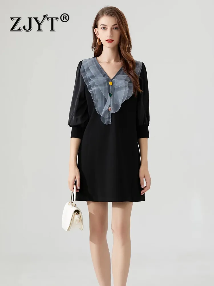 ZJYT Ruffles V Neck Loose Black Dress Women Summer Fashion Three Quarter Sleeve Casual Above Knee Vestidos Office Lady Work Wear
ZJYT Ruffles V Neck Loose Black Dress Women Summer Fashion Three Quarter Sleeve Casual Above Knee Vestidos Office Lady Work Wear