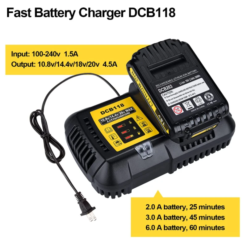 4.5A DCB118 battery charger for Dewalt Battery 10.8V 12V 14.4V 18V 20V DCB200 DCB101 DCB115 DCB107 DCB105 DCB140 &DCB112
4.5A DCB118 battery charger for Dewalt Battery 10.8V 12V 14.4V 18V 20V DCB200 DCB101 DCB115 DCB107 DCB105 DCB140 &DCB112