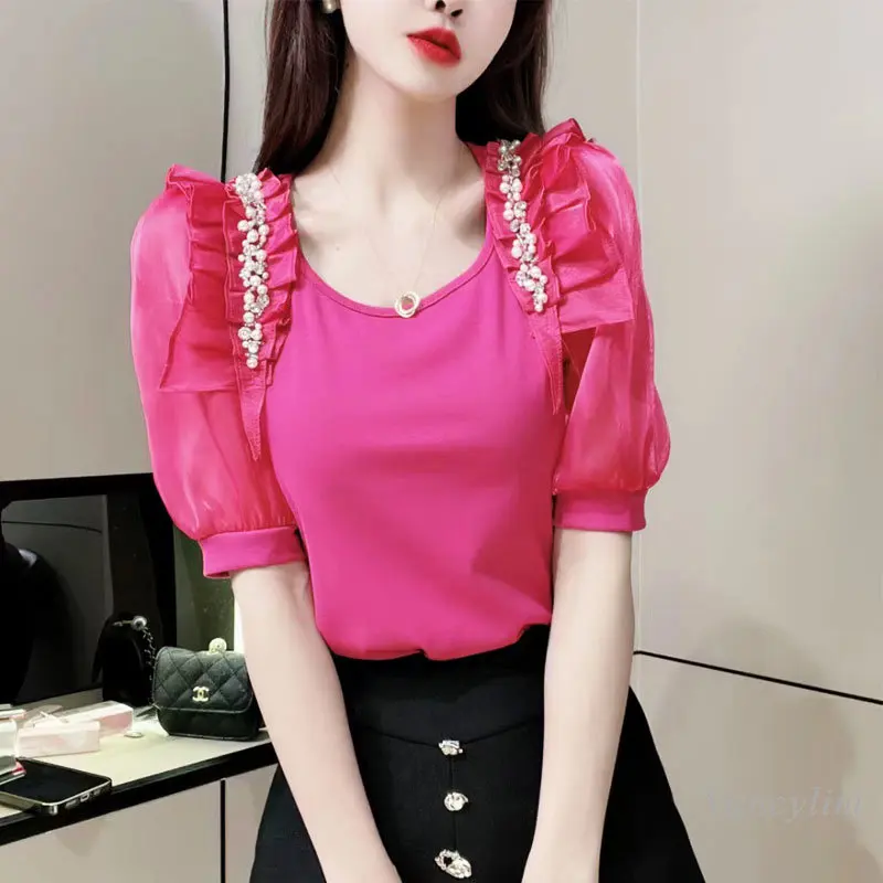 Short Puff Sleeve Tee Top Women's U-Collar Exquisite Rhinestone Patchwork Ruffled Chic Slim Fit T-shirt 2023 Summer
Short Puff Sleeve Tee Top Women's U-Collar Exquisite Rhinestone Patchwork Ruffled Chic Slim Fit T-shirt 2023 Summer