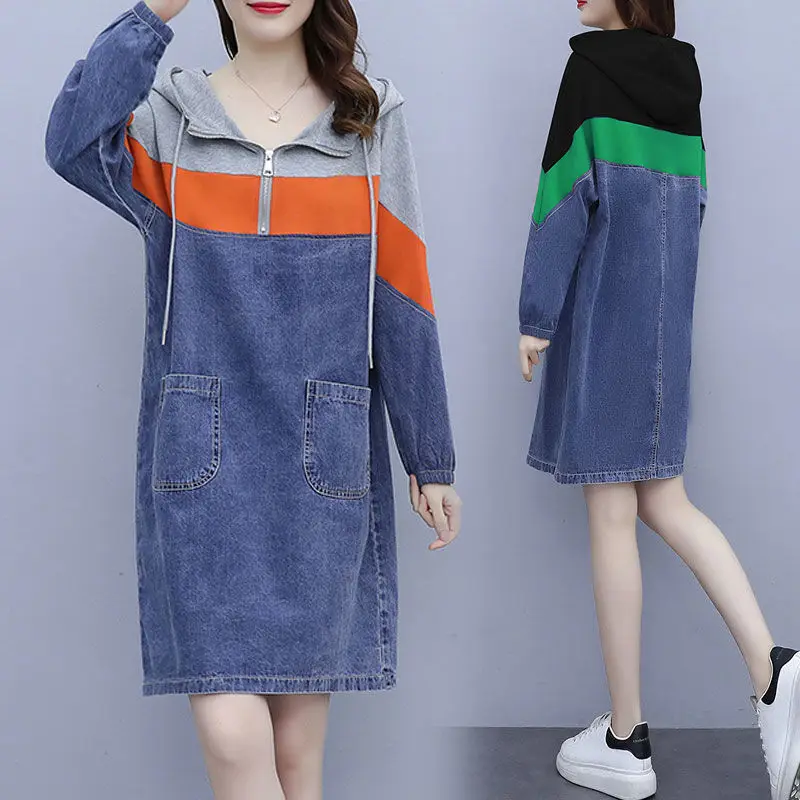 2022 New Spring Autumn Long Sleeve Denim Dress Fashion Casual Loose Colorblock Hooded Denim Dress With Pockets Women Streetwear
2022 New Spring Autumn Long Sleeve Denim Dress Fashion Casual Loose Colorblock Hooded Denim Dress With Pockets Women Streetwear