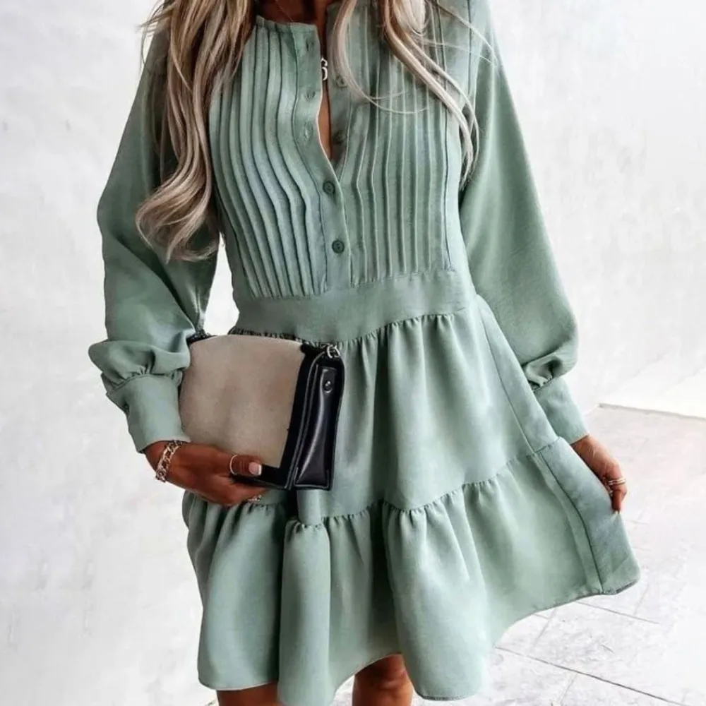 O Neck Button Draped Casual Dress Lantern Long Sleeve A-Line Elegant Office Lady Dress Spring Fall Women Fashion Short Dress
O Neck Button Draped Casual Dress Lantern Long Sleeve A-Line Elegant Office Lady Dress Spring Fall Women Fashion Short Dress