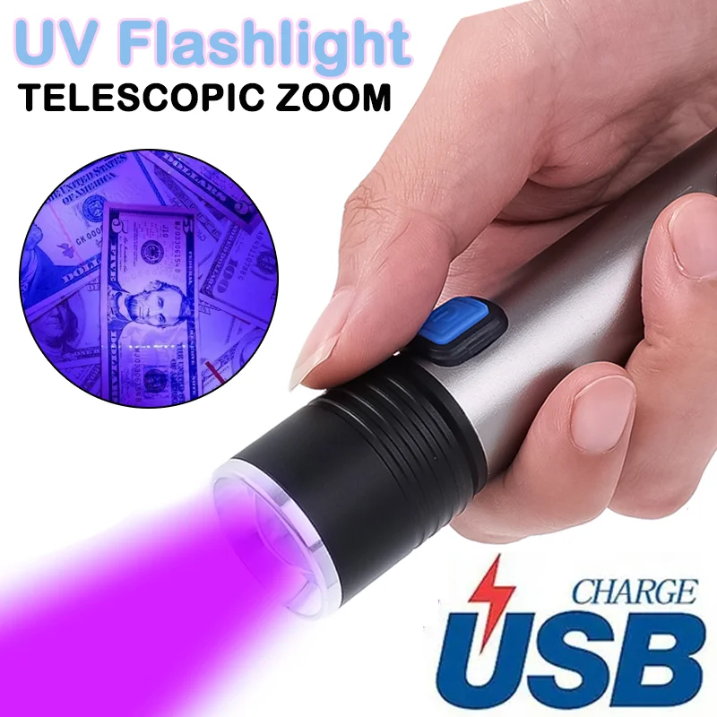Mini LED UV Flashlight USB Rechargeable Ultraviolet Torch Zoom 395nm UV Black Light Pet Urine Stains Detector Scorpion Hunting
Mini LED UV Flashlight USB Rechargeable Ultraviolet Torch Zoom 395nm UV Black Light Pet Urine Stains Detector Scorpion Hunting