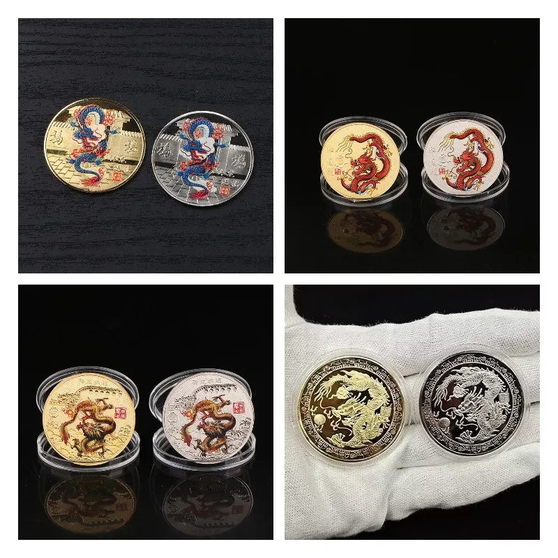 

New 1Pc 2024 New Year Of The Dragon Commemorative Coins Chinese Zodiac Painted Metal New Year Zodiac Dragon Commemorative Gift