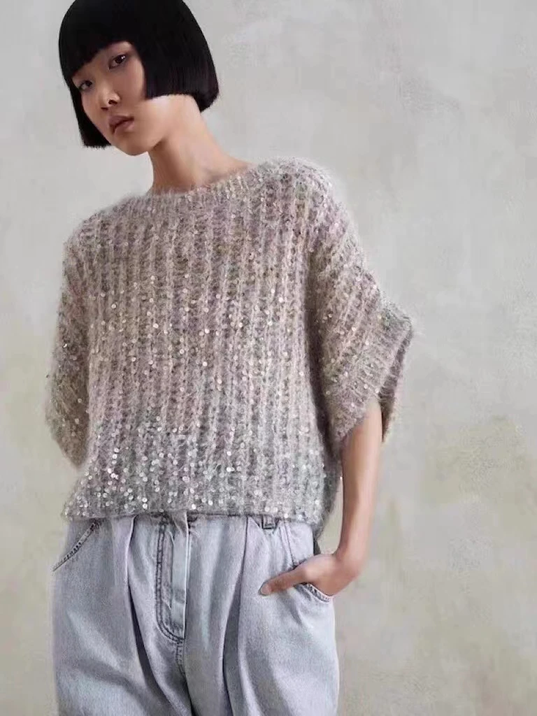 

Весенне-осенние мягкие градиентные кашемировые вязаные пуловеры, женские трикотажные топы, джемпер абрикосового цвета с коротким рукавом, модель X341