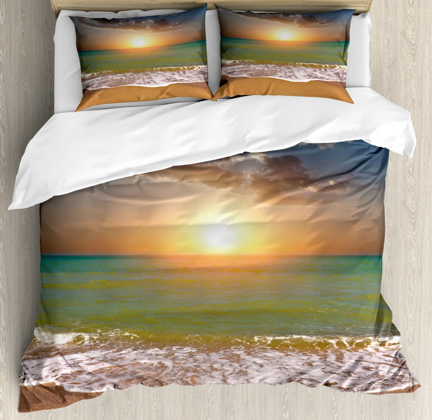 

Sunset Duvet Cover Set King/Queen Size,Over The Sea Tropical Beach Summer Idyllic Scenery Soft Polyester Bedding Set Purple