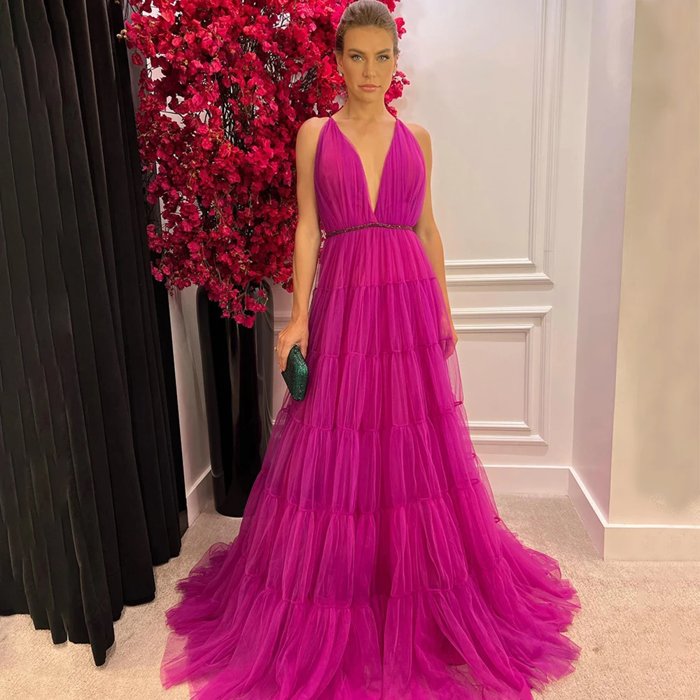 Sexy Hot Pink A-Line Tiered Formal Evening Dress with Sash Deep V-Neck Tulle Prom Dress Women's Backless Dress for Wedding Party 
Sexy Hot Pink A-Line Tiered Formal Evening Dress with Sash Deep V-Neck Tulle Prom Dress Women's Backless Dress for Wedding Party