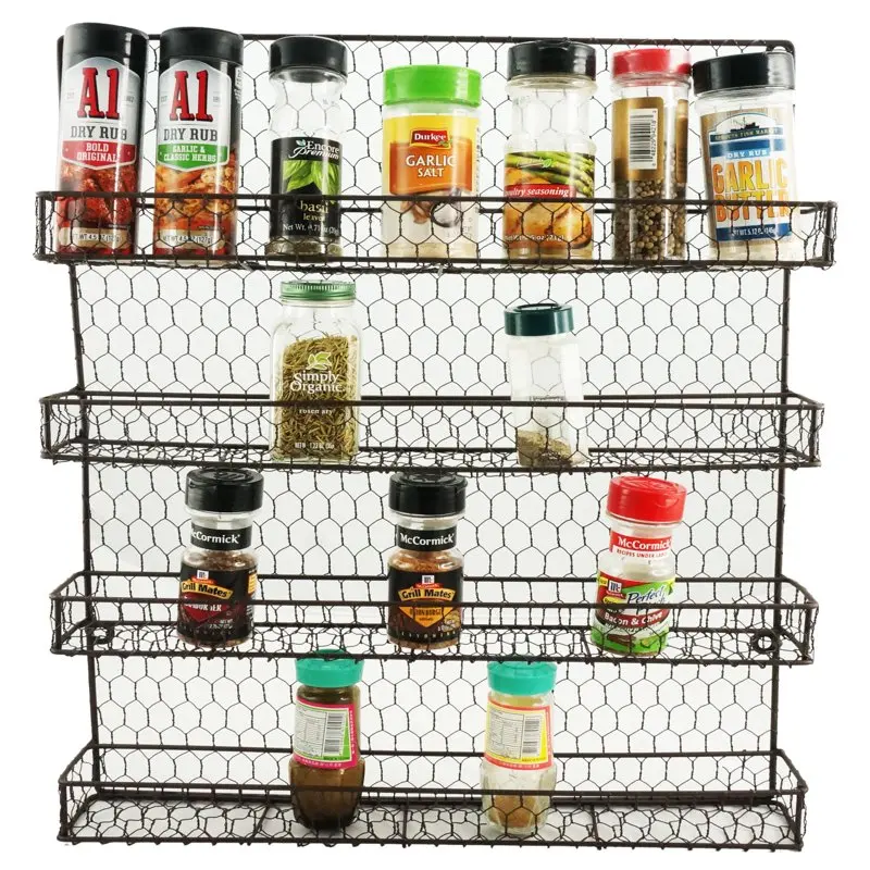 

Metal Spice Rack Kitchen Wall Mount 4 Tier Metal Wire Spices Organizer Pantry Cabinet Chicken Wire Hanging Wall Mounted Cupboard