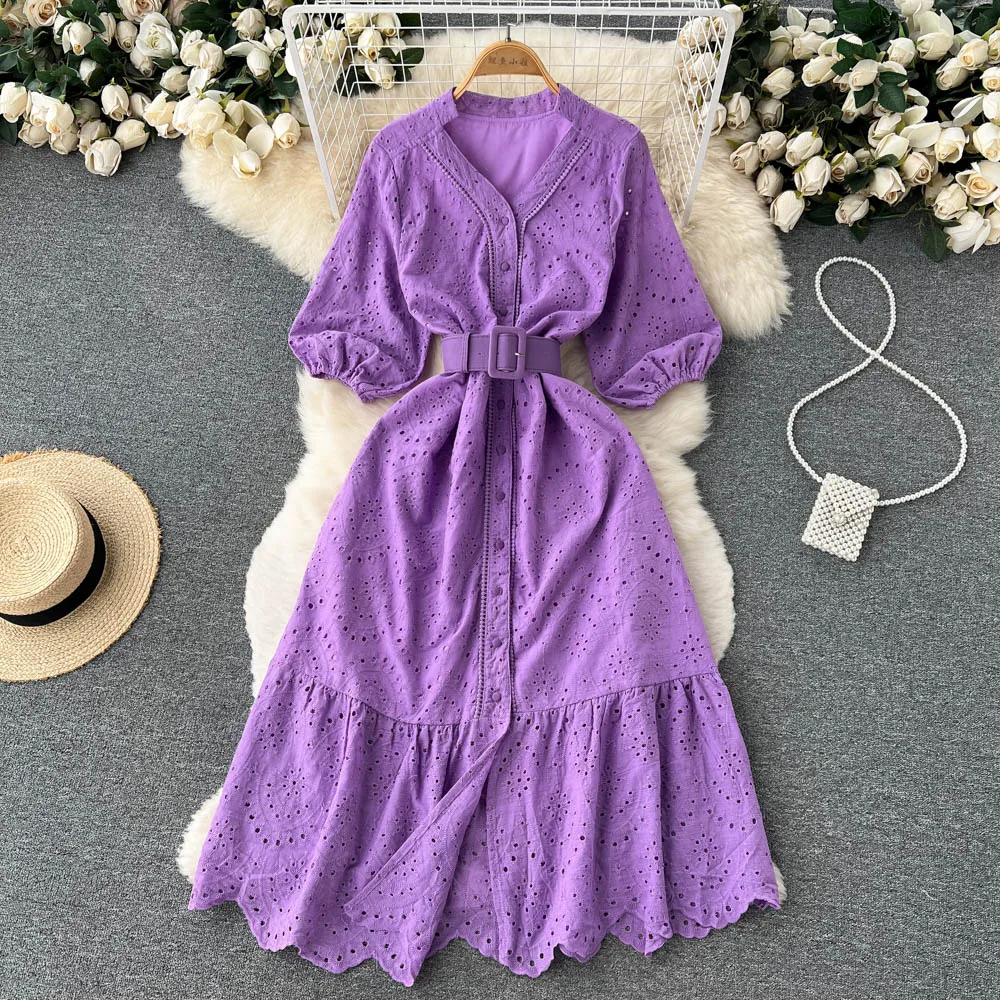 French Chic Summer Dress A-LINE Hollow Out Mid-Calf Dresses Puff Sleeve Empire Jurk V-Neck Single Breasted Belted Vestidos 
French Chic Summer Dress A-LINE Hollow Out Mid-Calf Dresses Puff Sleeve Empire Jurk V-Neck Single Breasted Belted Vestidos