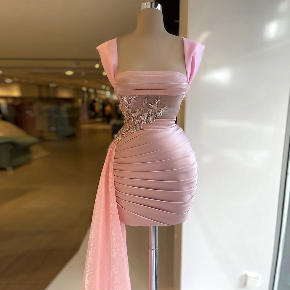 Pink Cocktail Dresses 2022 Satin Beading Spaghetti Strap Sexy Prom Gowns Custom Made Pleat Sheath Mini Evening Party Dress 
Pink Cocktail Dresses 2022 Satin Beading Spaghetti Strap Sexy Prom Gowns Custom Made Pleat Sheath Mini Evening Party Dress