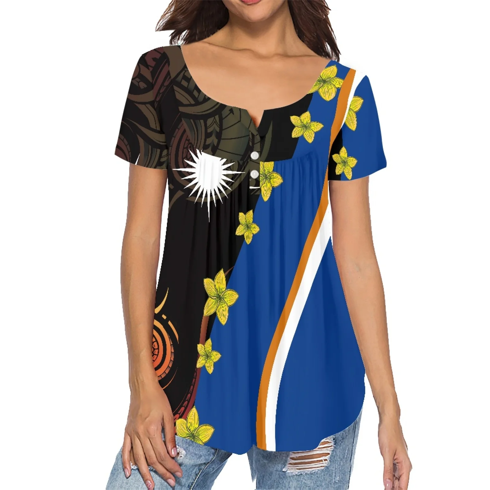 Hawaii 2023 Women Top Casual Black Sexy Lady V-neck T Shirt Fashion Summer Flags Pattern Printing Pleated Buckle Shirt
Hawaii 2023 Women Top Casual Black Sexy Lady V-neck T Shirt Fashion Summer Flags Pattern Printing Pleated Buckle Shirt