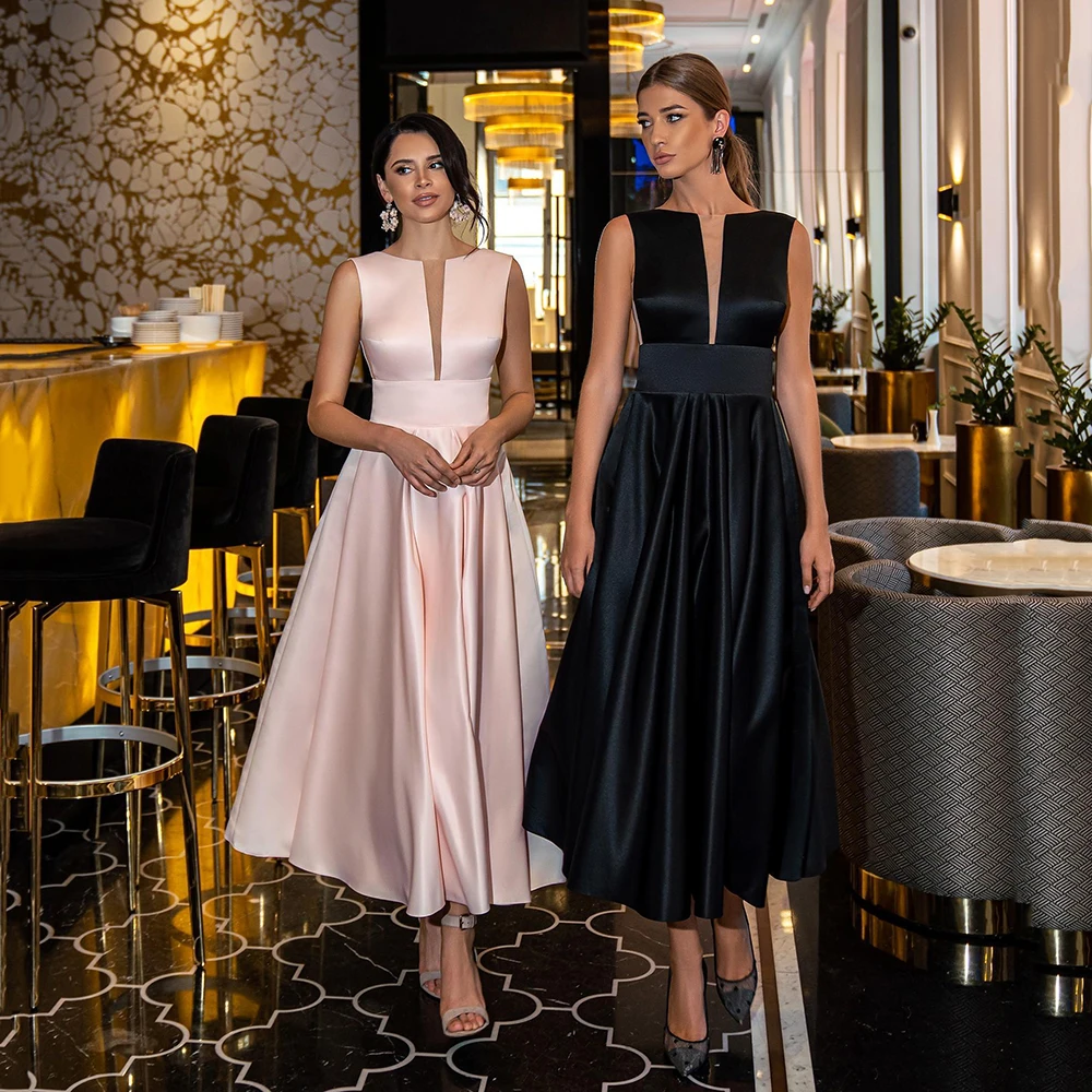 Simple Tea-Length Satin Evening Dress V-Neck Sleeveless Evening Gown Sexy Backless A-Line Prom Dress فساتين السهرة abendkleider
Simple Tea-Length Satin Evening Dress V-Neck Sleeveless Evening Gown Sexy Backless A-Line Prom Dress فساتين السهرة abendkleider