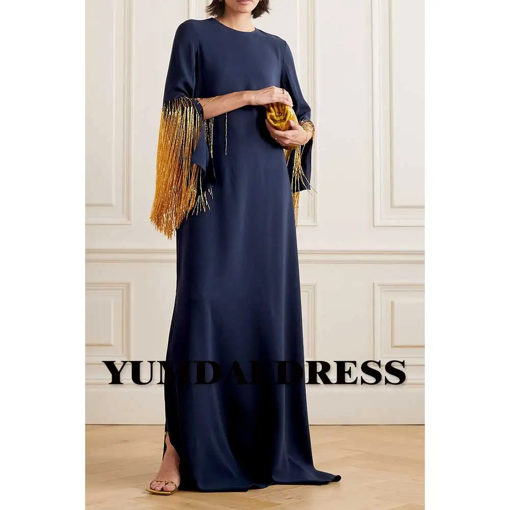 

YUMDAI Gorgeous Long Sleeve Fringe Evening Dress Dubai 2023 Ladies Formal Ball Dress Navy Blue Crepe Special Occasion Mom Dress